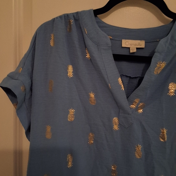 Chenault Blue Blouse with Gold Pineapple Print - Picture 3 of 6
